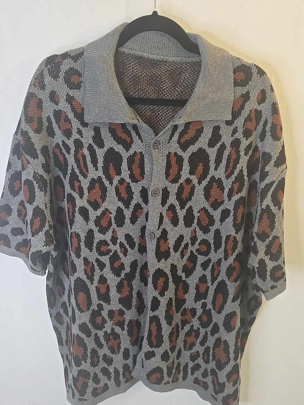 Manfinity Gray and Brown Leopard Print Knit Sweater - Casual Button Polo